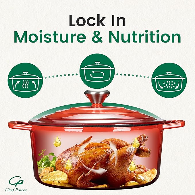 Chef Power Dutch Oven Pot with Lid 5QT, Enameled Cast Iron Dutch Oven for Bread Baking, Braising, Stews, Roasting, Oven Safe Dutch Ovens, Gradient Red