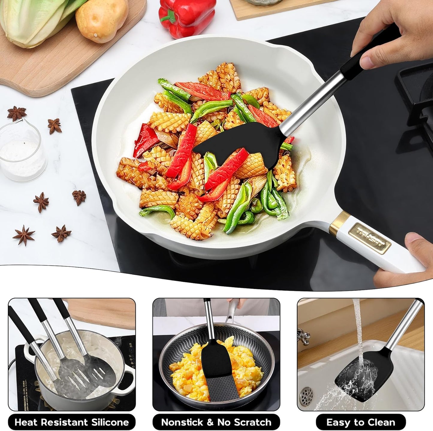 Onader Kitchen Utensils Set, 15 Pcs Silicone Cooking Utensils Set with Holder and Heat Resistant Stainless Steel Handle for Nonstick Cookware - Black