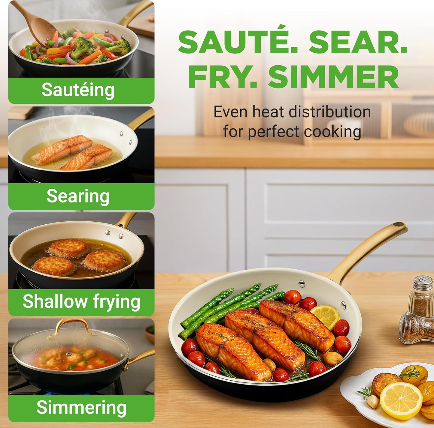 NutriChef 12-Inch Professional Ceramic Frying Pan With Lid - Large Skillet with Golden Titanium Handle, Non-Stick Ceramic Coating, Stain-Resistant, Easy to Clean, Ideal for Home Cooking