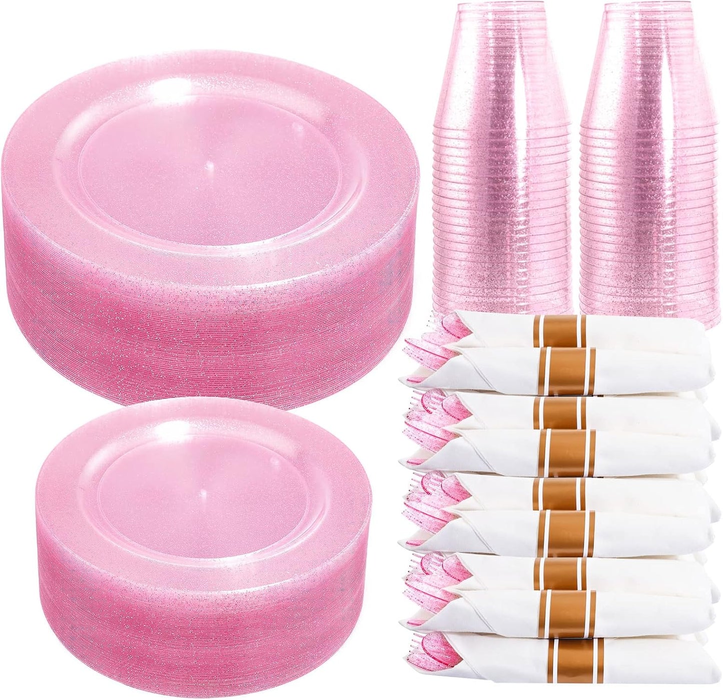 DaYammi 350PCS Rose Gold Glitter Dinnerware Set 50 Guest for Party- 50 Pink Plastic Dinner Plates, 50 Dessert Plates- 50 Per Rolled Napkins with Rose Gold Glitter Cutlery - 50 Cups 9 OZ