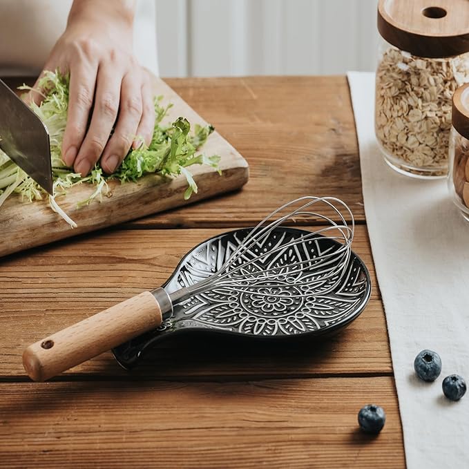 Ceramic Spoon Rest, 7.48 Inches Spoon Holder for Kitchen Counter, Kitchen Accessories, Dishwasher Safe, Black