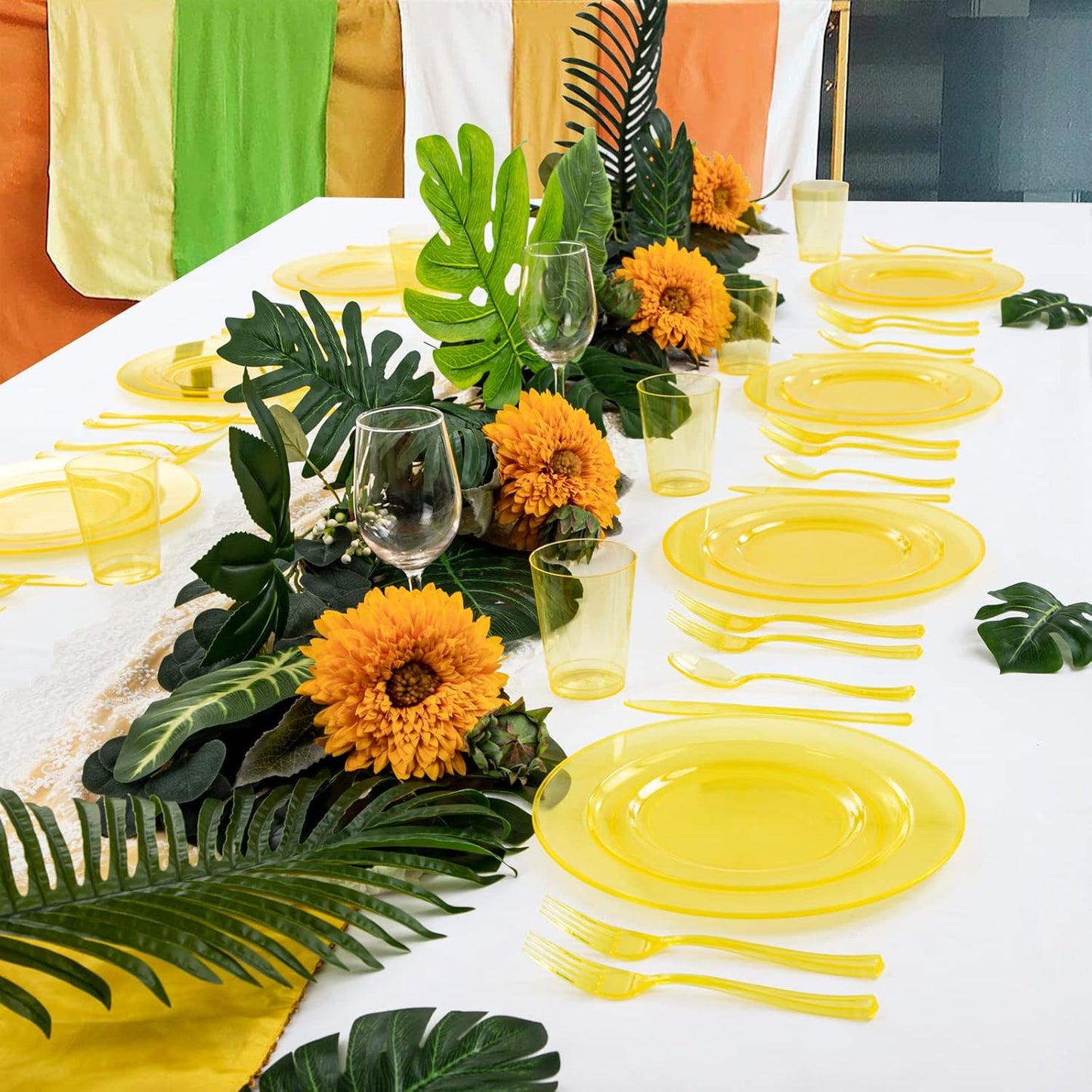 WDF 25 Guest Yellow Plastic Plates -50 Neon Clear Yellow Plates 25Forks, 25Knives,25 Spoons,25Cups for Summer