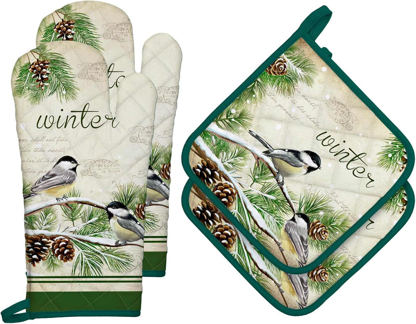 Winter Bird Leaf Oven Mitts and Pot Holders Sets 4Pcs, 100% Cotton Heat Resistant, Extra Long Oven Gloves Potholder for Kitchen Cooking Baking Decoration