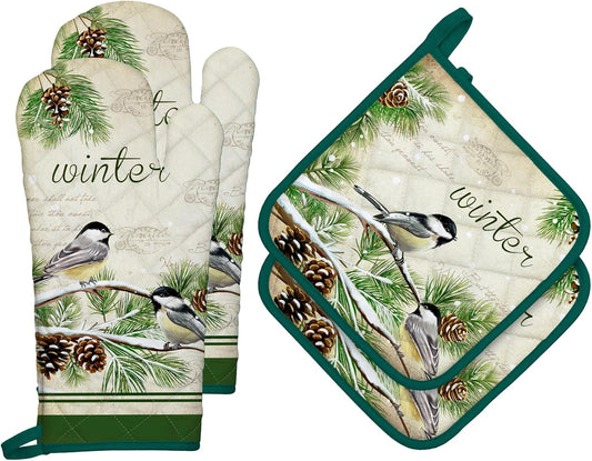 Winter Bird Leaf Oven Mitts and Pot Holders Sets 4Pcs, 100% Cotton Heat Resistant, Extra Long Oven Gloves Potholder for Kitchen Cooking Baking Decoration