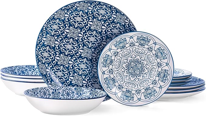Bestone Porcelain Dinnerware Sets Service for 4, 12 pcs Hand drawn Plates and Bowls Sets, Handmade Ceramic Dish Set, Chip Resistant Modern Plate Set, Dishwasher/Microwave Safe，Vintage Blue