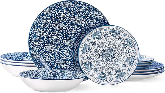 Bestone Porcelain Dinnerware Sets Service for 4, 12 pcs Hand drawn Plates and Bowls Sets, Handmade Ceramic Dish Set, Chip Resistant Modern Plate Set, Dishwasher/Microwave Safe，Vintage Blue