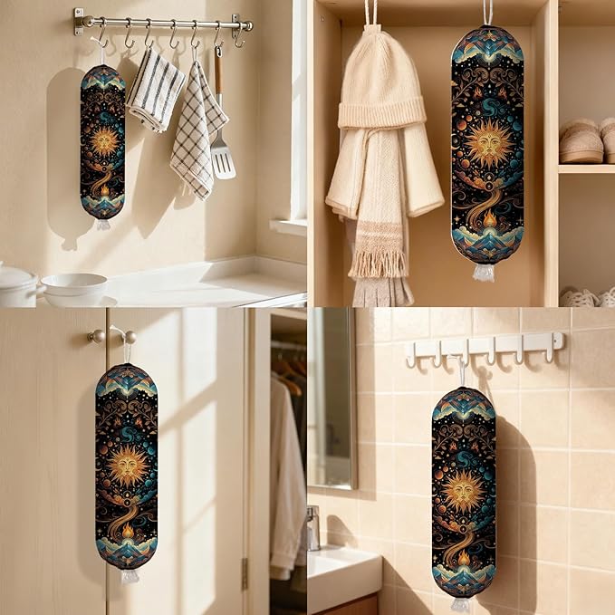 Plastic Bag Holder Dispenser, Plastic Grocery Bag Organizer & Wall Mount Paper Trash Bags Saver Storage for Kitchen Home Pantry Decor, Sun Kitchen Decor