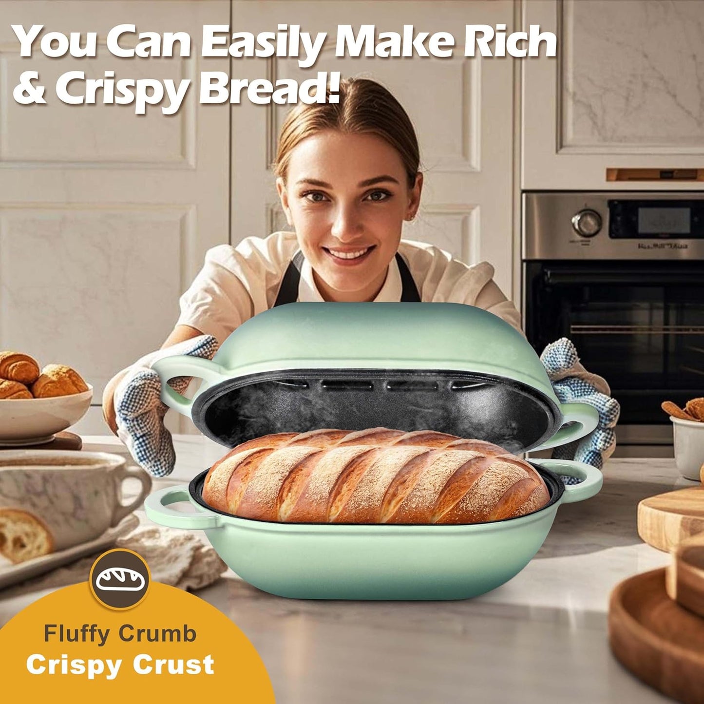 Homikit Enameled Cast Iron Dutch Oven for Bread Baking, 2.8 QT Oval Bread Oven Pot with Lid, Sourdough Loaf Iron Dutch Oven Pan for Roasting Cooking, Pistachio Green & Heavy Duty