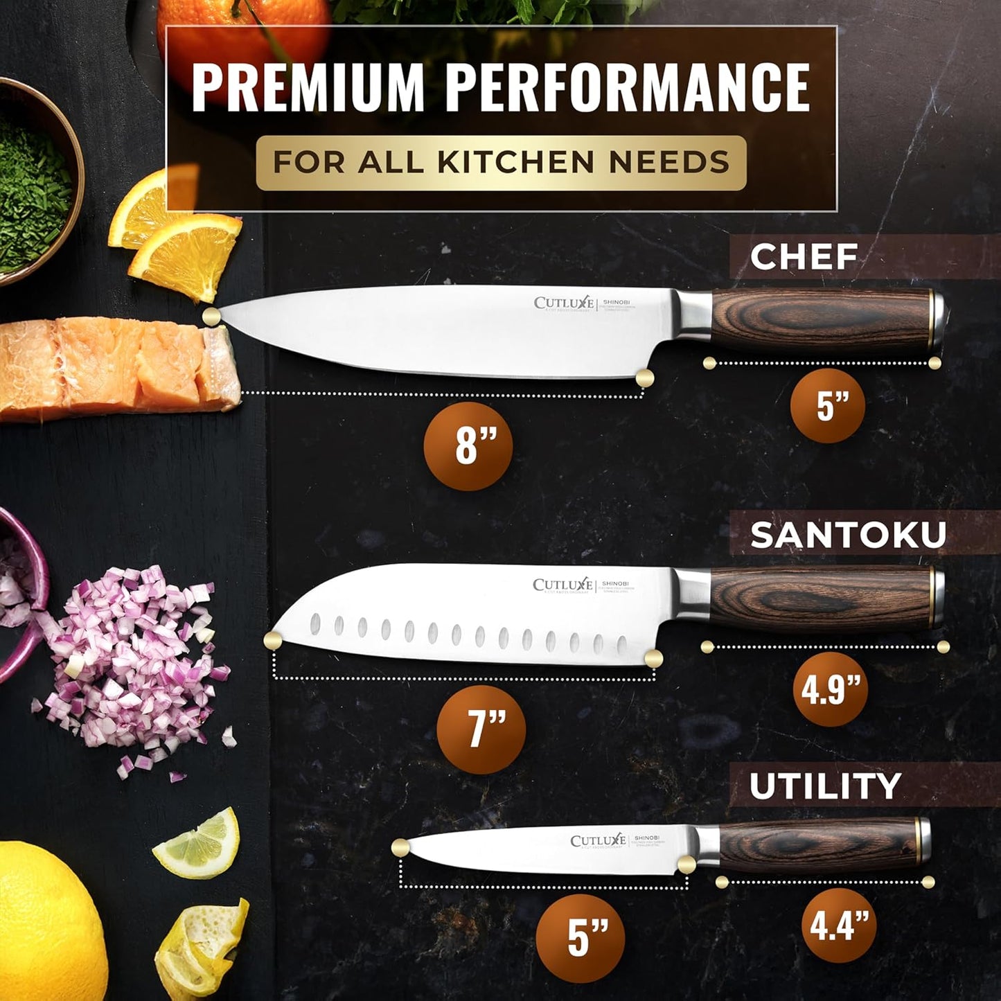 Cutluxe 3-Piece Chef Knife Set – Ultra Sharp Japanese Kitchen Knives, High Carbon Stainless Steel Blades, Full Tang Pakkawood Handles – Shinobi Series