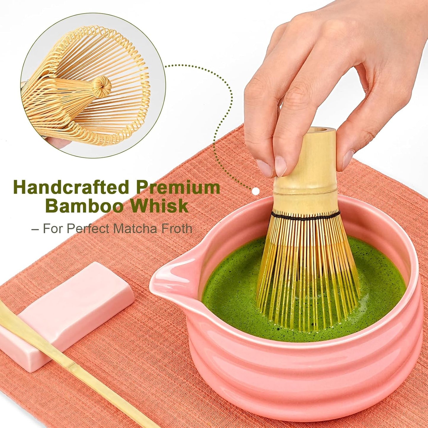 Matcha Whisk Set, 7Pcs Matcha Set - Matcha Bowl with Spout, Handcrafted Bamboo Whisk Chasen & Ceramic Holder, Steel Sifter, Towel, Matcha Kit for Tea Lovers, Timeless Ideal Gift (Pink)