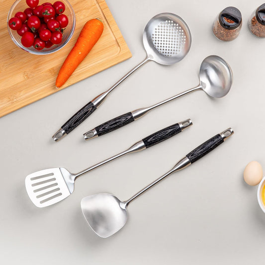 FJNATINH Wok Spatula Set of 4, Spatula Slotted Turner, Soup Ladle, Slotted Spoon for Cooking Utensils with Wooden Handle, Kitchen Stainless Steel Spatulas Cooking Spoons