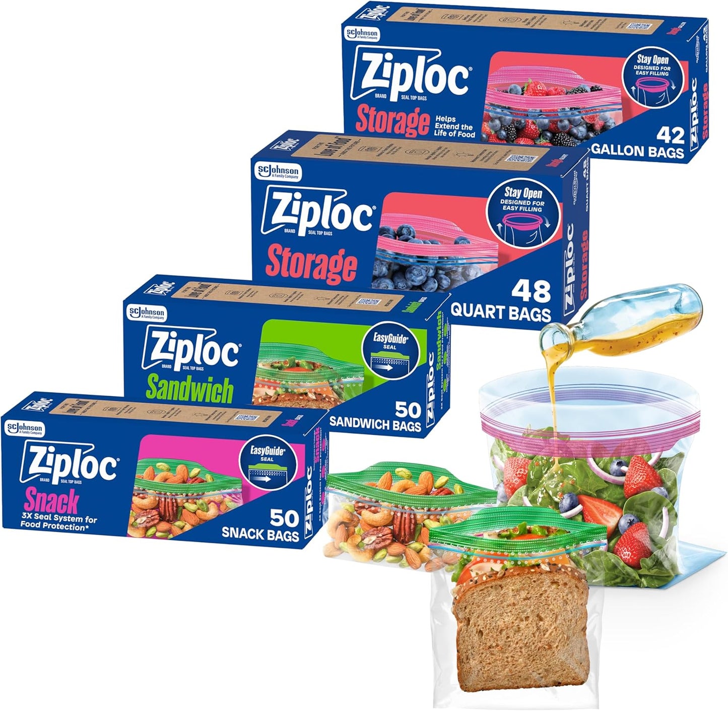 Ziploc Brand 190 Count Storage Bags Variety Pack, 42ct Storage Gallon and 48ct Storage Quart with Stay Open Design, 50ct Sandwich and 50ct Snack with Grip N Seal Technology (Packaging May Vary)