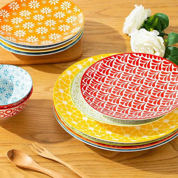 AntoKueh Dinner Plates 10.5 inch Ceramic Dessert Plate Set of 6, Large Size Porcelain Plates for Kitchen,Pizza,Pasta,Dishwasher Safe,Assorted Colorful