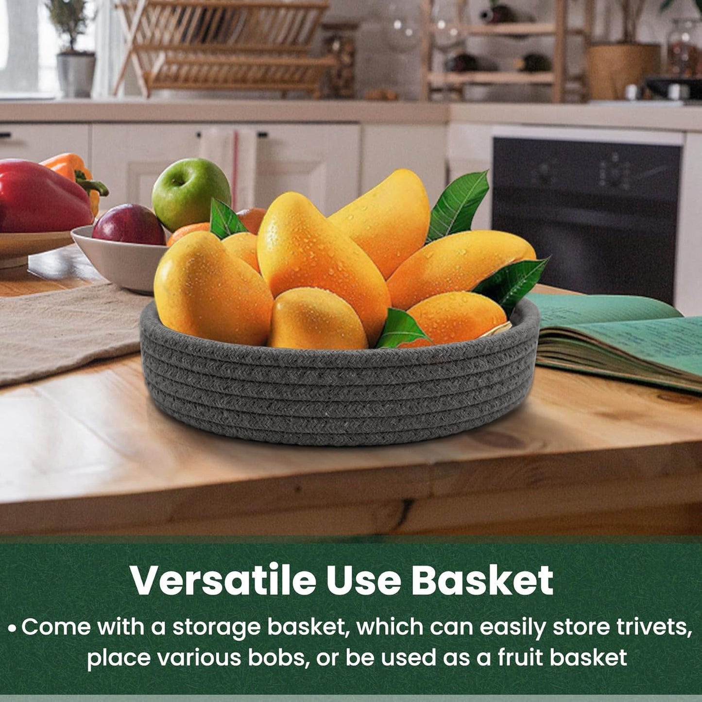 10 Inch Trivets for Hot Dishes, Hot Pots and Pans, Extra Large Thick Heat Resistant Large Coaster, Hot Pads, Kitchen Essentials, Pot Holders for Countertop with Storage Basket, 5 Pcs