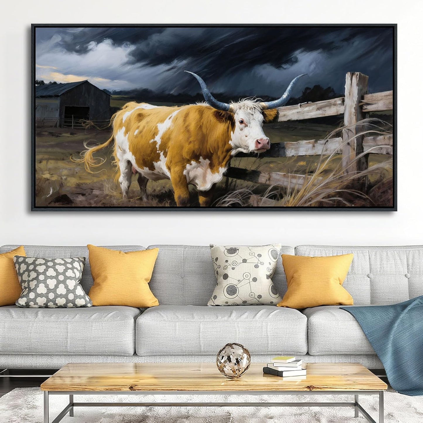 Highland Cow Wall Art - Rustic Pictures for Living Room,Framed Country Wall Decor, Vintage Artwork for Walls, Longhorn Cow wall Decor - Large Farmhouse Canvas for Bedroom 29×58IN