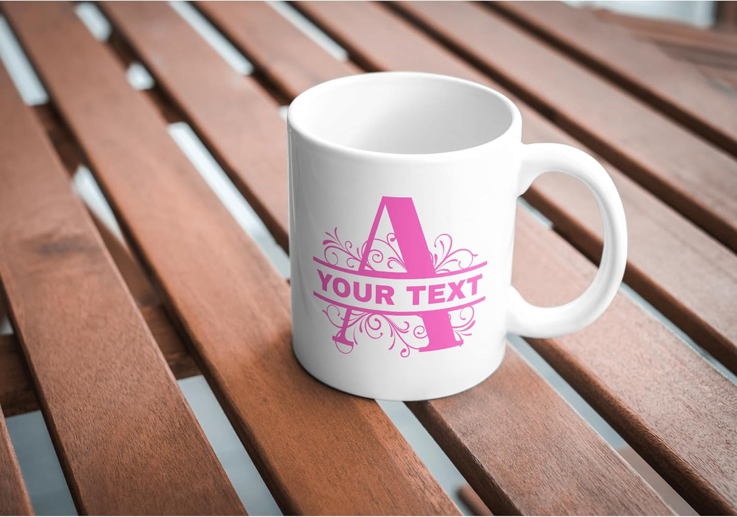 Customizable 11oz Coffee Mug - Sublimated Printed Mugs with Personalized Text, Names, and Initials. Perfect as Gifts for Men and Women for Birthdays (White Mug) (Monogram Pink)