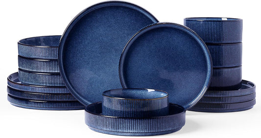 Famiware Star Dinnerware Set with Pasta Bowls, Service for 4 (16pcs), Ribbed Stoneware Plates and Bowls Dishes Sets - Chip & Scratch Resistant, Microwave & Dishwasher Safe, Nebulas Blue