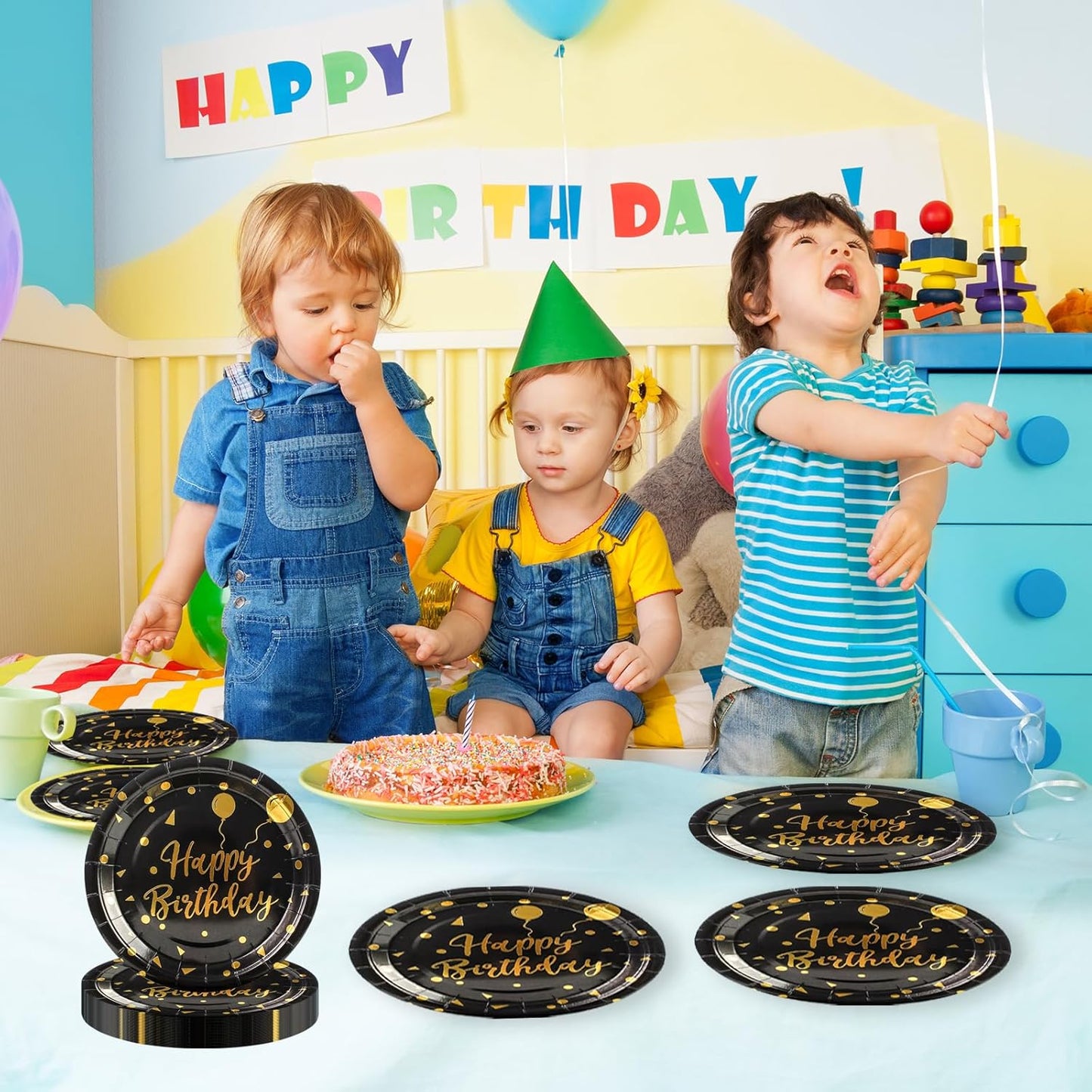 90PCS Happy Birthday Plates and Napkins Party Supplies, Disposable Black Gold Dot Dessert Paper Plates Napkins with Forks Tableware Set Party Decorations for Girl Women Birthday Parties