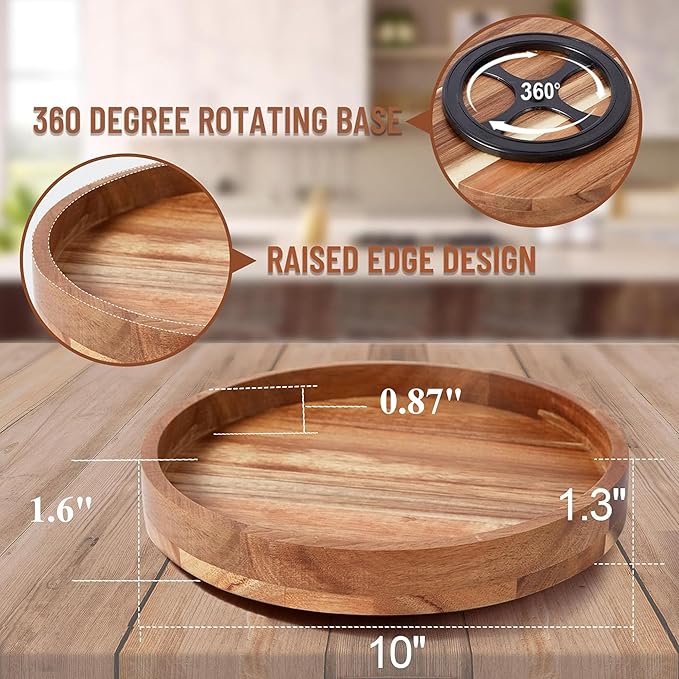 10 Inch Acacia Wood Lazy Susan Organizer for Cabinet, Lazy Susan Turntable for Countertop Table Pantry, Kitchen Turntable Storege