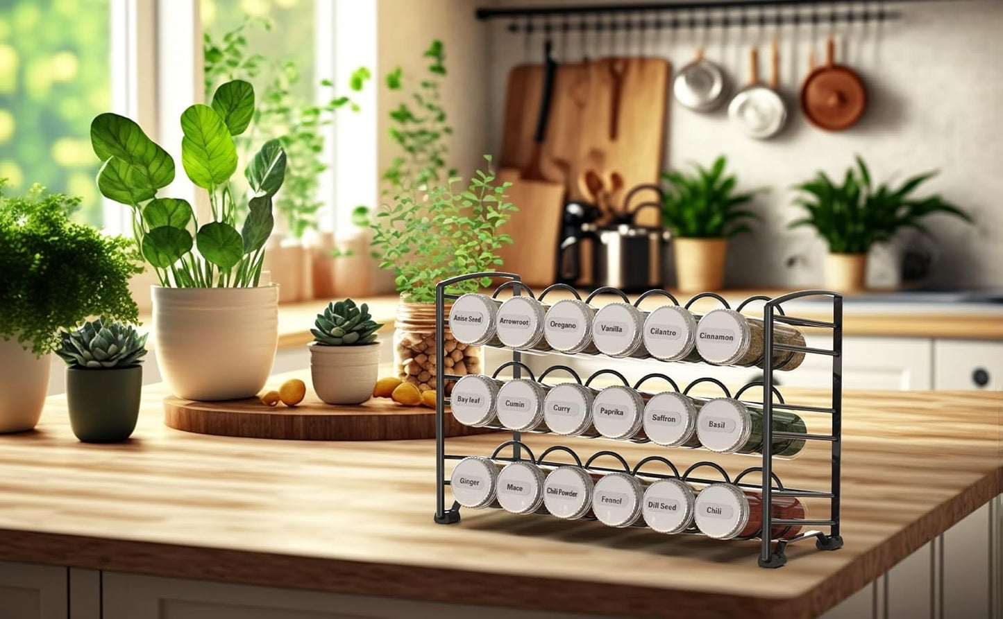 Deco Brothers Spice Rack Stand holder with 18 Bottles and 48 Labels, Black