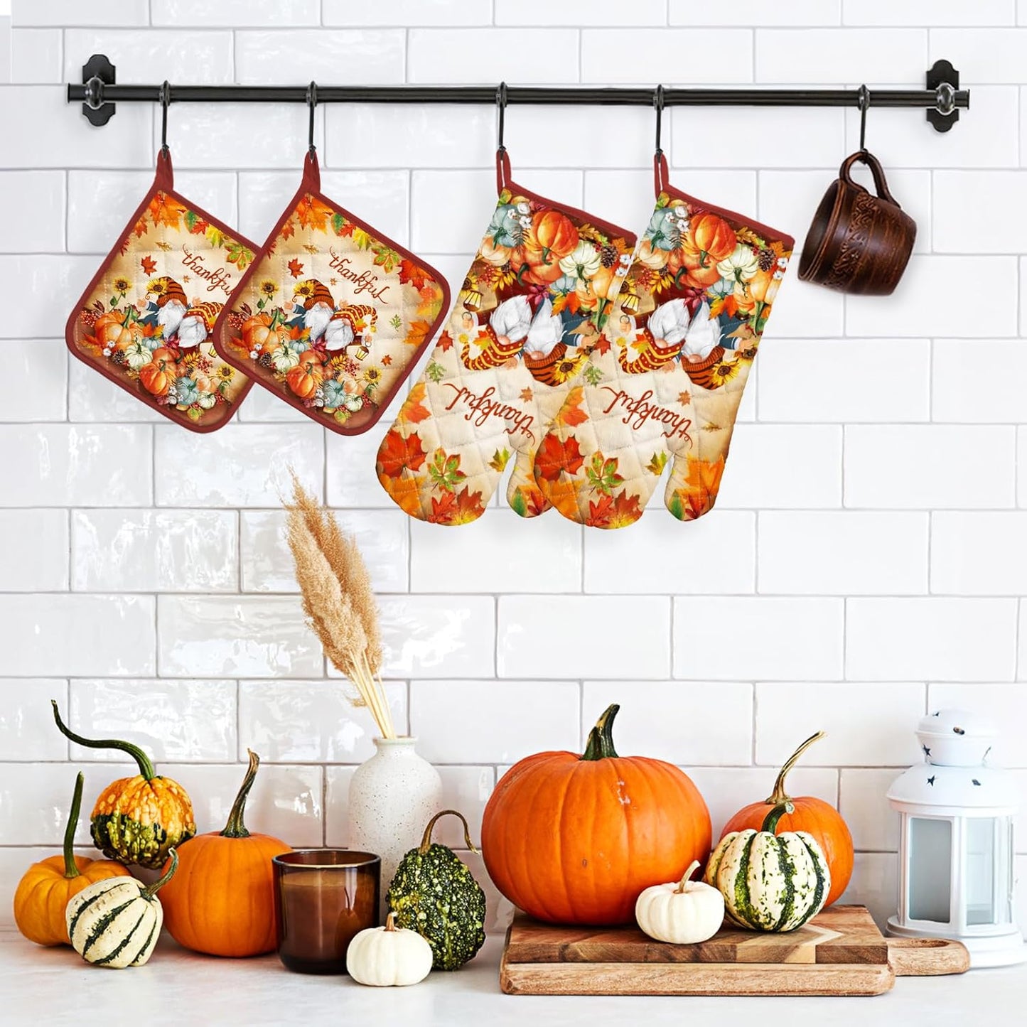 Fall Pumpkin Gnome Oven Mitts and Pot Holders Sets 4Pcs, 100% Cotton Heat Resistant, Extra Long Oven Gloves Potholder for Kitchen Cooking Baking Decoration
