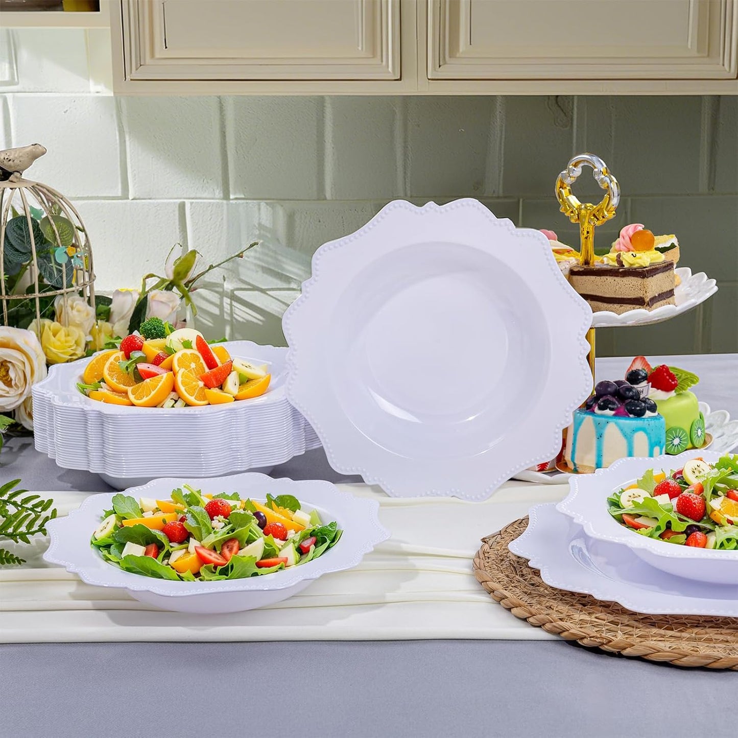 COLOSUS 60 Pack White Plastic Bowls, 12 oz Disposable Soup Bowls, Premium Plastic Dinner Bowls,Heavy-duty Dessert Salad Bowl for Party, Wedding, Dinner, Christmas, Thanksgiving, and Catering