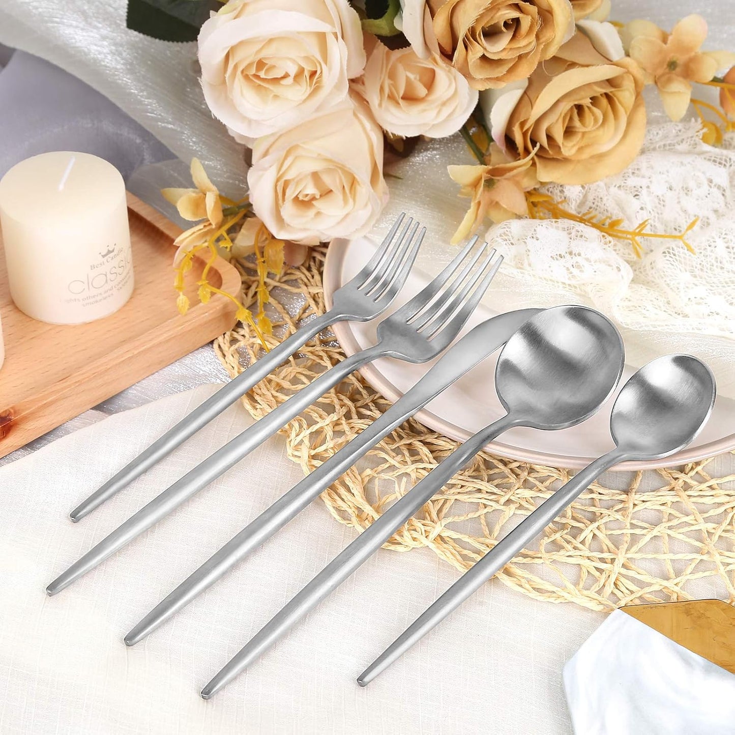 Matte Silverware Set 30 Pieces, FAMEWARE Stainless Steel Flatware Set，Service for 6，Kitchen Utensil Set, Tableware Cutlery Set, Satin Finished Polished & Dishwasher Safe