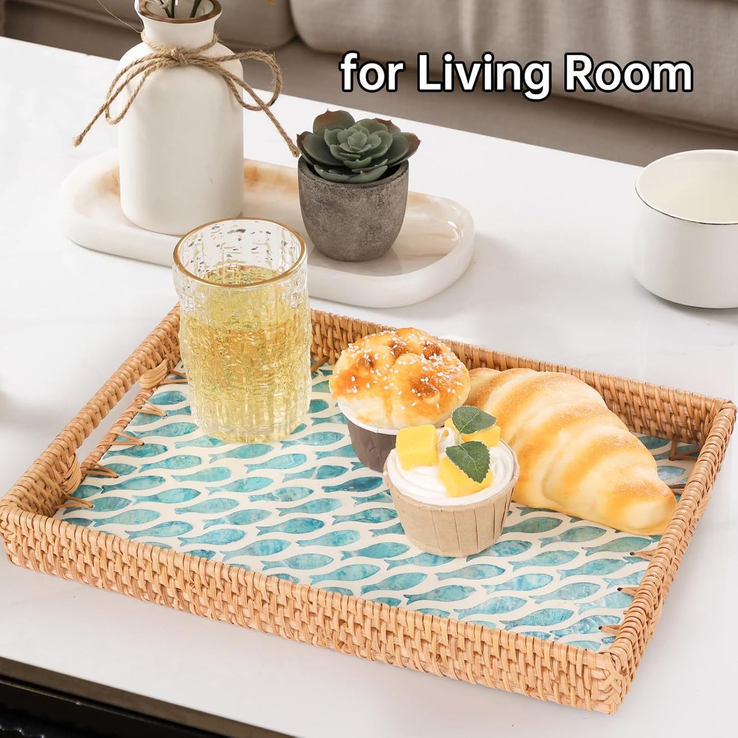 Rectangle Rattan Tray with Mother of Pearl Inlay, Rattan Serving Tray with Handle for Coffee, Bread, Fruits, Snacks, Decorative Wicker Tray for Table Decor (Rectangle Turquoise Fish, 13"×9")