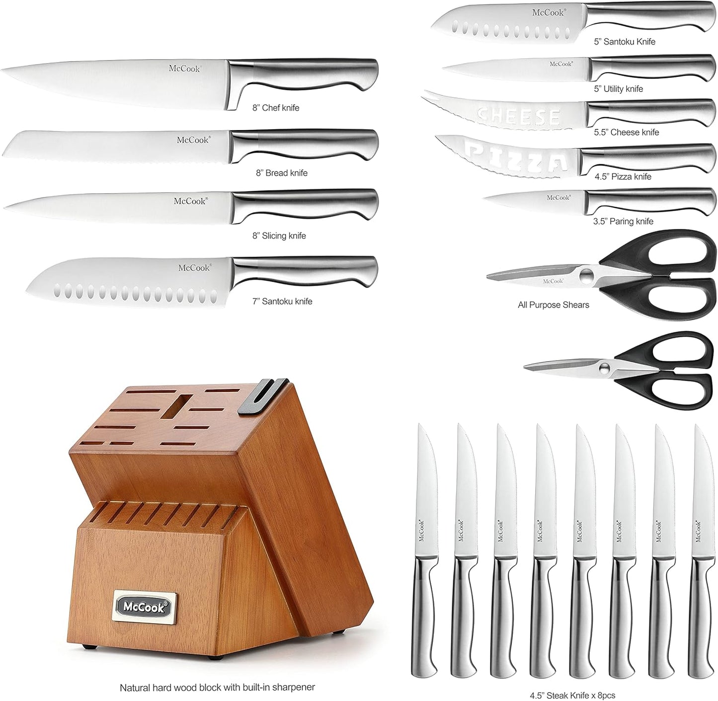 McCook® Kitchen Knife Sets,German Stainless Steel Knives Block Set with Built-in Sharpener