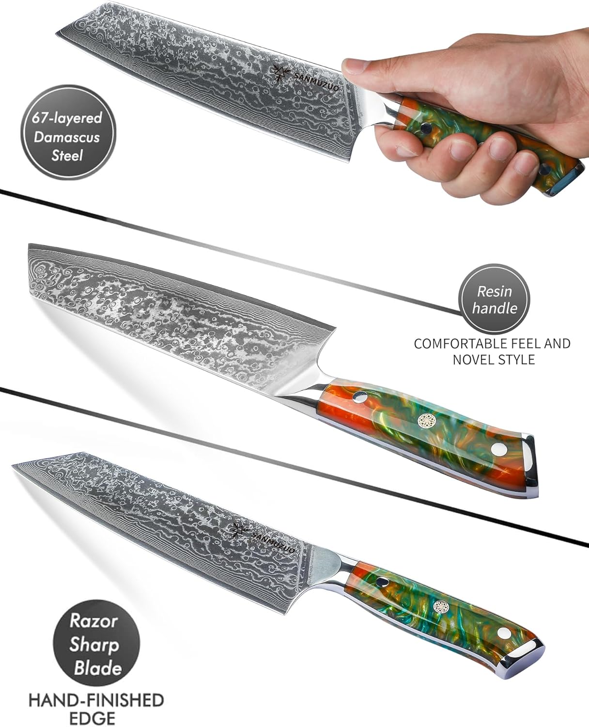 8.5 inch Kiritsuke Kitchen Chef Knife - 67 Layers Damascus Steel & Resin Handle - Xuan Series(Fantasy Orange)