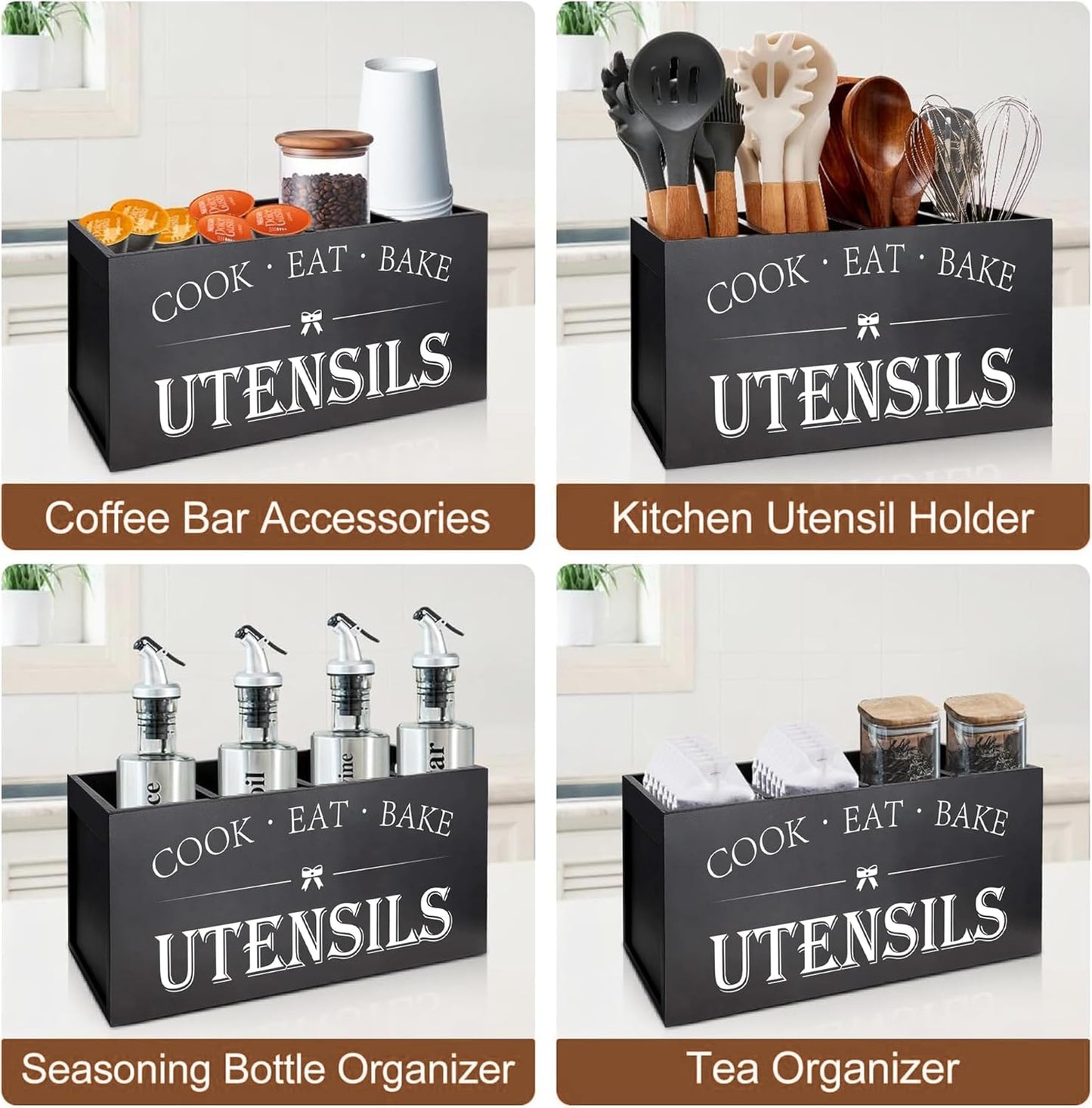 Extra Large Kitchen Utensil Holder with 4 Compartments, Wooden Countertop Organizer, Rustic Black Farmhouse Decor for Cooking Tools, Spoons, Spatulas, Knives & Forks