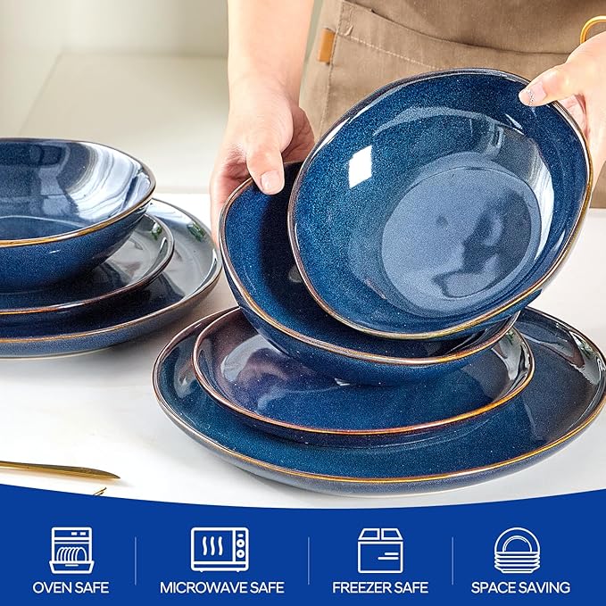 Bestone 12 Pieces Round Kitchen Dinnerware Sets，Plates and Bowls Sets,Dishes, Plates, Bowls, Dish Set, Chip Resistant Ceramic Dinnerware Set, Dishwasher/Microwave Safe,Service for 4,Cobalt Blue