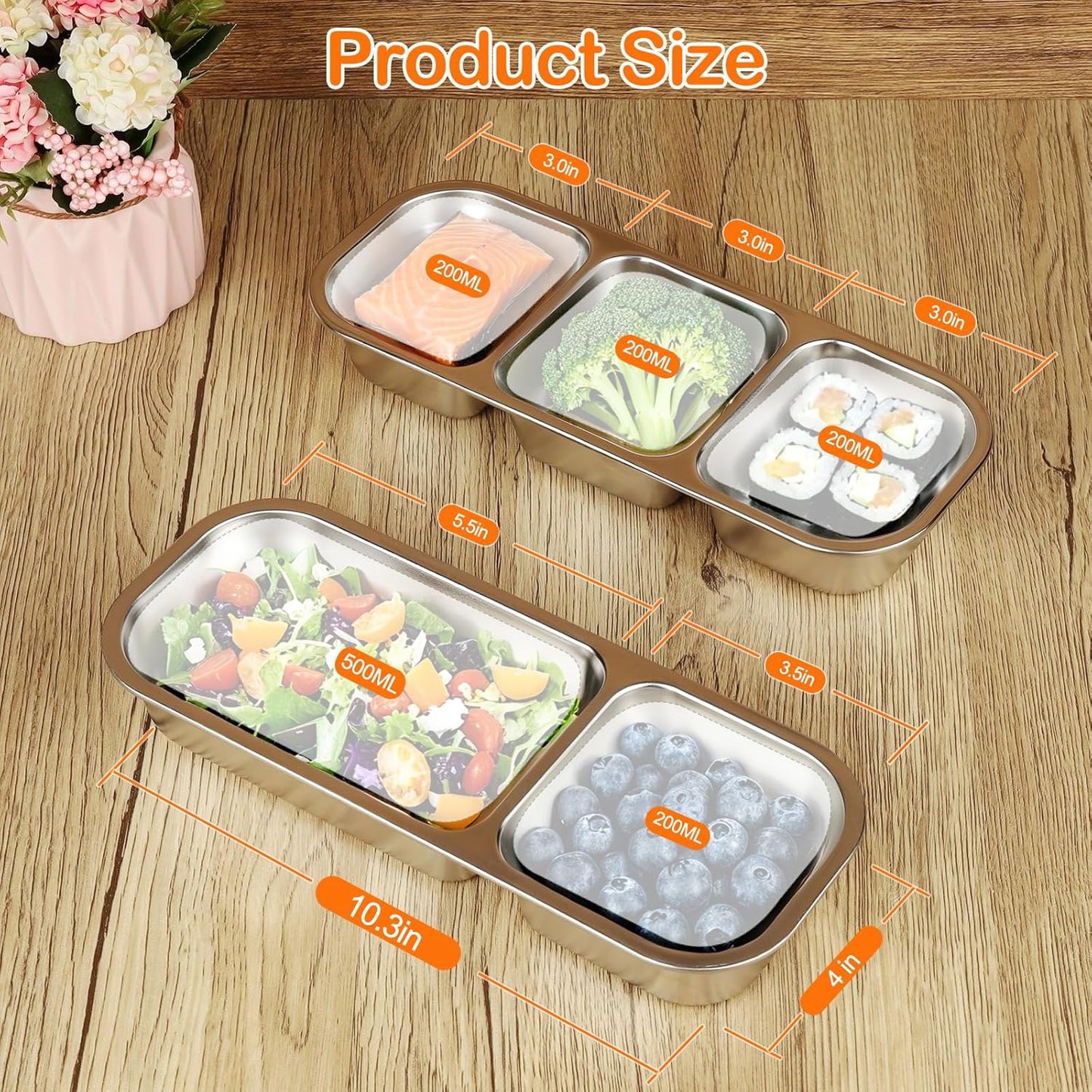 2 Pack Stainless Steel Snack Containers with Lids, Multiple Compartment Leak-Proof Metal Bento Lunch Box, Reusable Divided Food Storage for Work, Travel, Camping