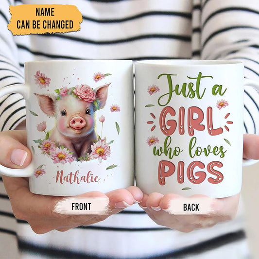 Hyturtle Personalized Gifts Pig Lover - Just A Girl Who Loves Pigs Custom Name Ceramic Coffee Mug Cup 11oz - Idea Cute Farm Animal Lover Gifts For Women, Girl Daughter On Birthday, Christmas