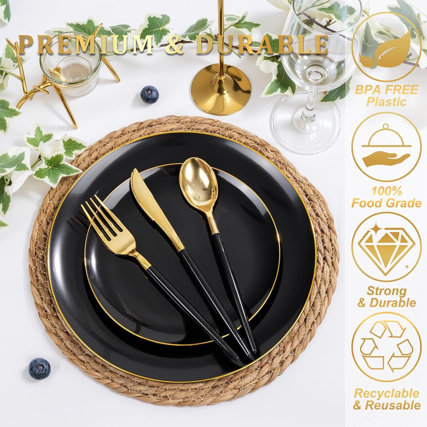 DaYammi 150Pcs Black Plastic Plates with Gold Silverware,Black Disposable Plates Set Included 30 Dinner Plate,30 Dessert plate,30 Knives,30 Forks,30 Spoons,black and gold plates for Halloween Party