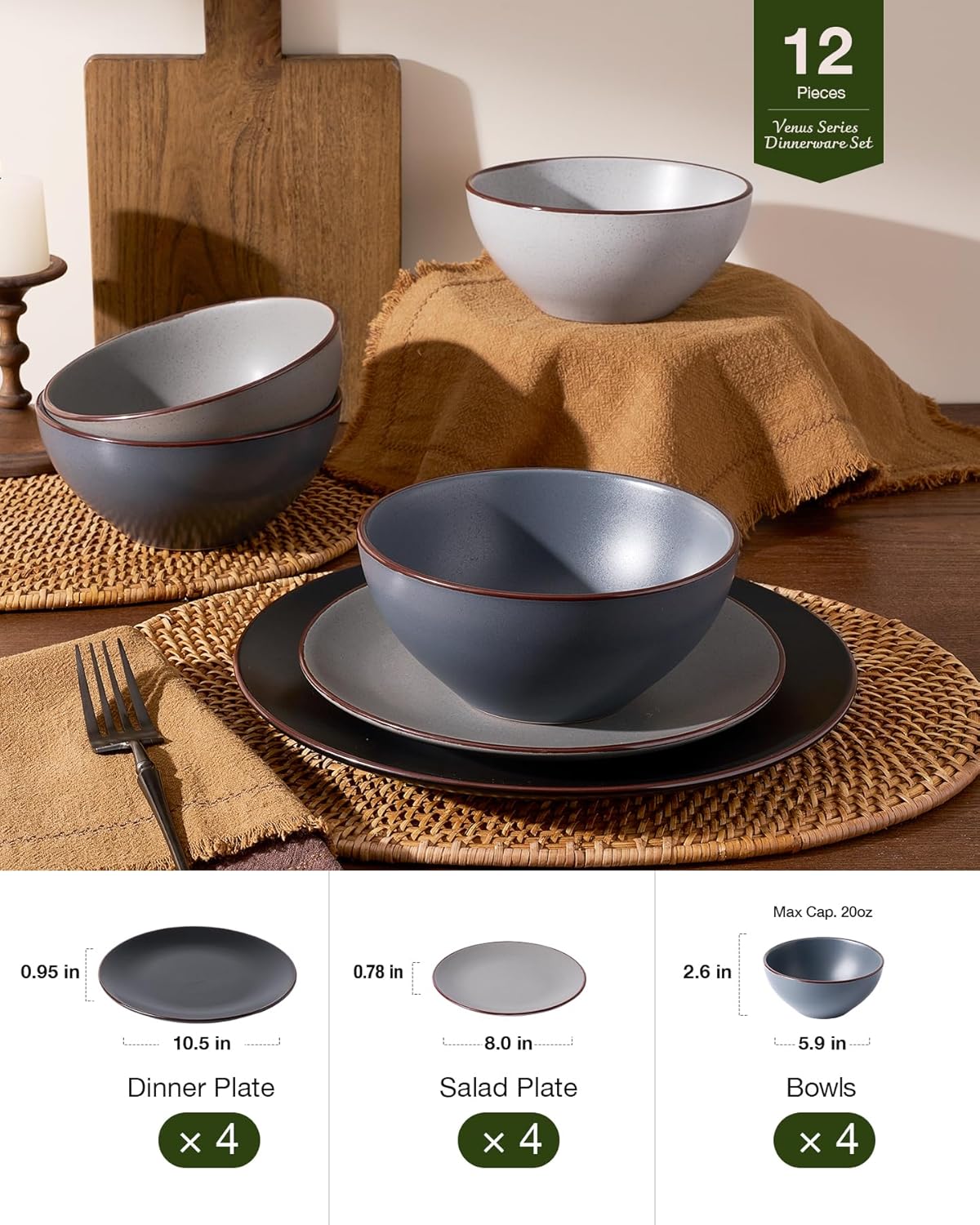 Famiware Venus Plates and Bowls Sets, 12 Pieces Stoneware Speckled Dinnerware Sets, Dishes Set for 4, Microwave and Dishwasher Safe, Matte Multi-color