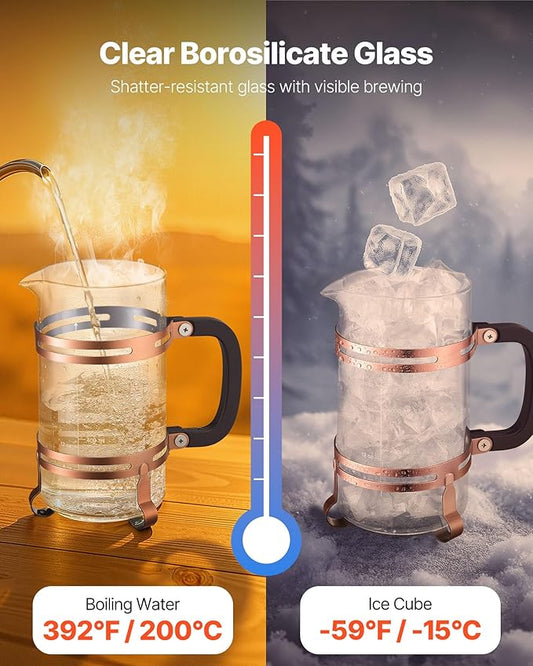 VEVOR French Press Coffee Maker, 34 Ounce 1 Liter Borosilicate Glass Coffee Press Tea Maker with Stainless Steel Filter, Large Glass French Presses Cold Brew for Camping Travel Home Kitchen, Copper