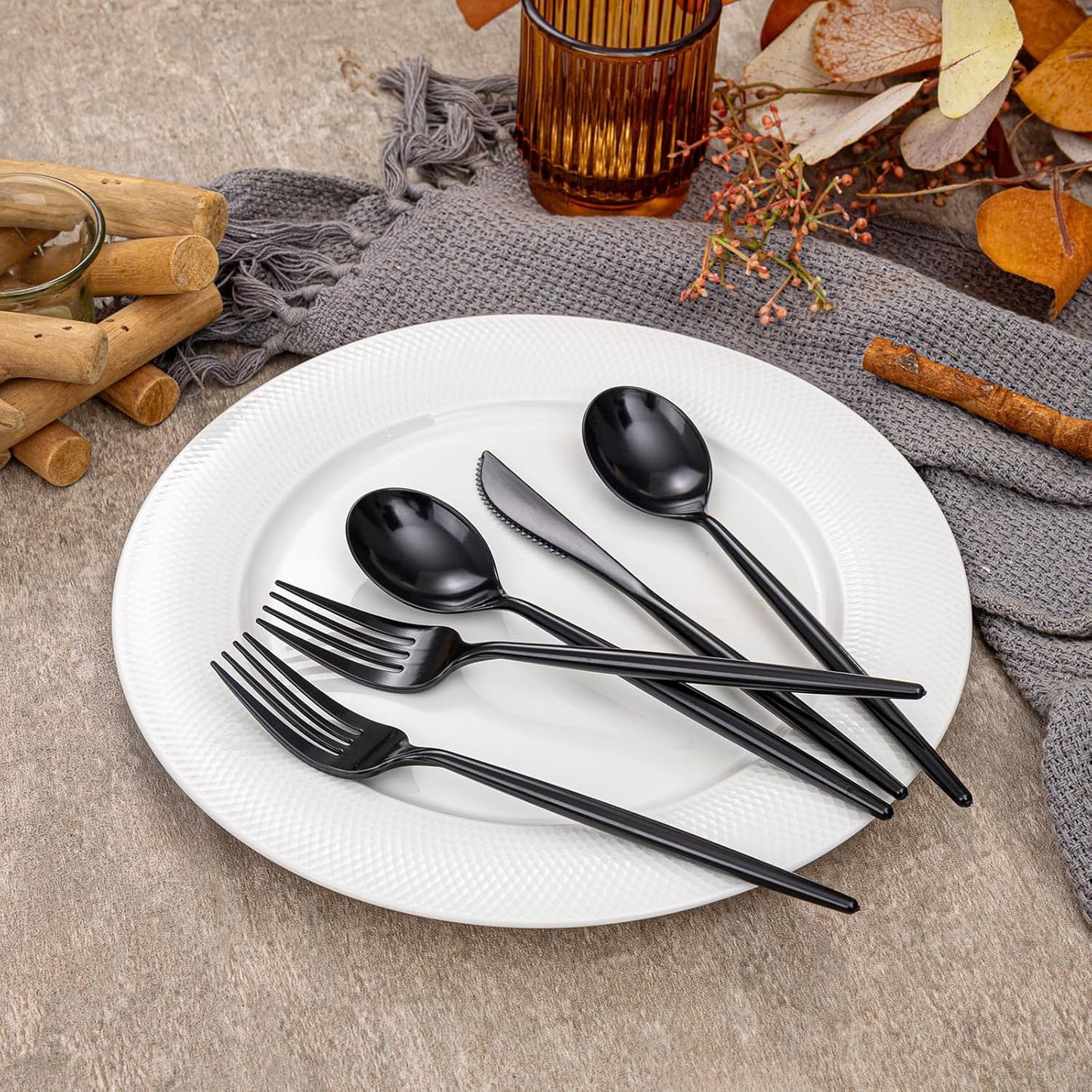 Rubtlamp 90Pcs Plastic Black Silverware, Black Disposable Cutlery, Plastic Utensils Heay Duty include 30 Plastic Knives 60 Plastic Black Forks and Spoons, Black Cutlery For Halloween Decorations