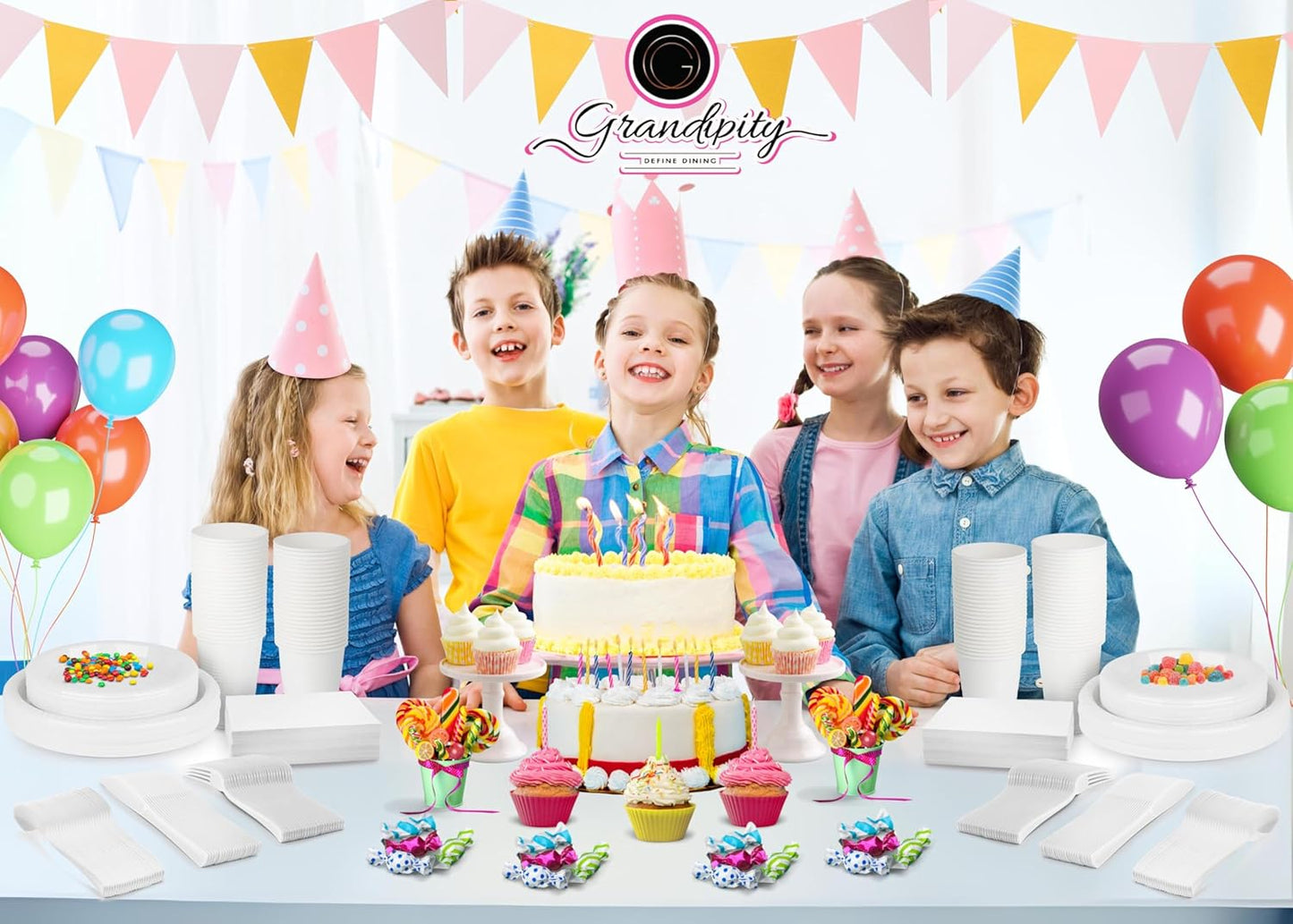 350 Piece WHITE Disposable Dinnerware Set 50 Guests, Plastic Party Plates And Cups And Napkins Sets - 50 Count 9" Dinner Plates, 7" Dessert Plates, 12oz Cups, Paper Napkins, Forks, Knives & Spoons