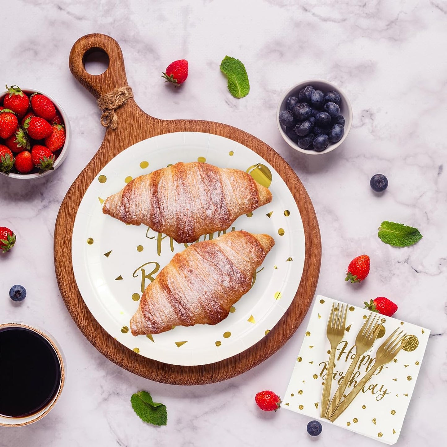 90PCS Happy Birthday Plates and Napkins Party Supplies, Disposable White Gold Dot Dessert Paper Plates Napkins with Forks Tableware Set Party Decorations for Girl Women Birthday Parties