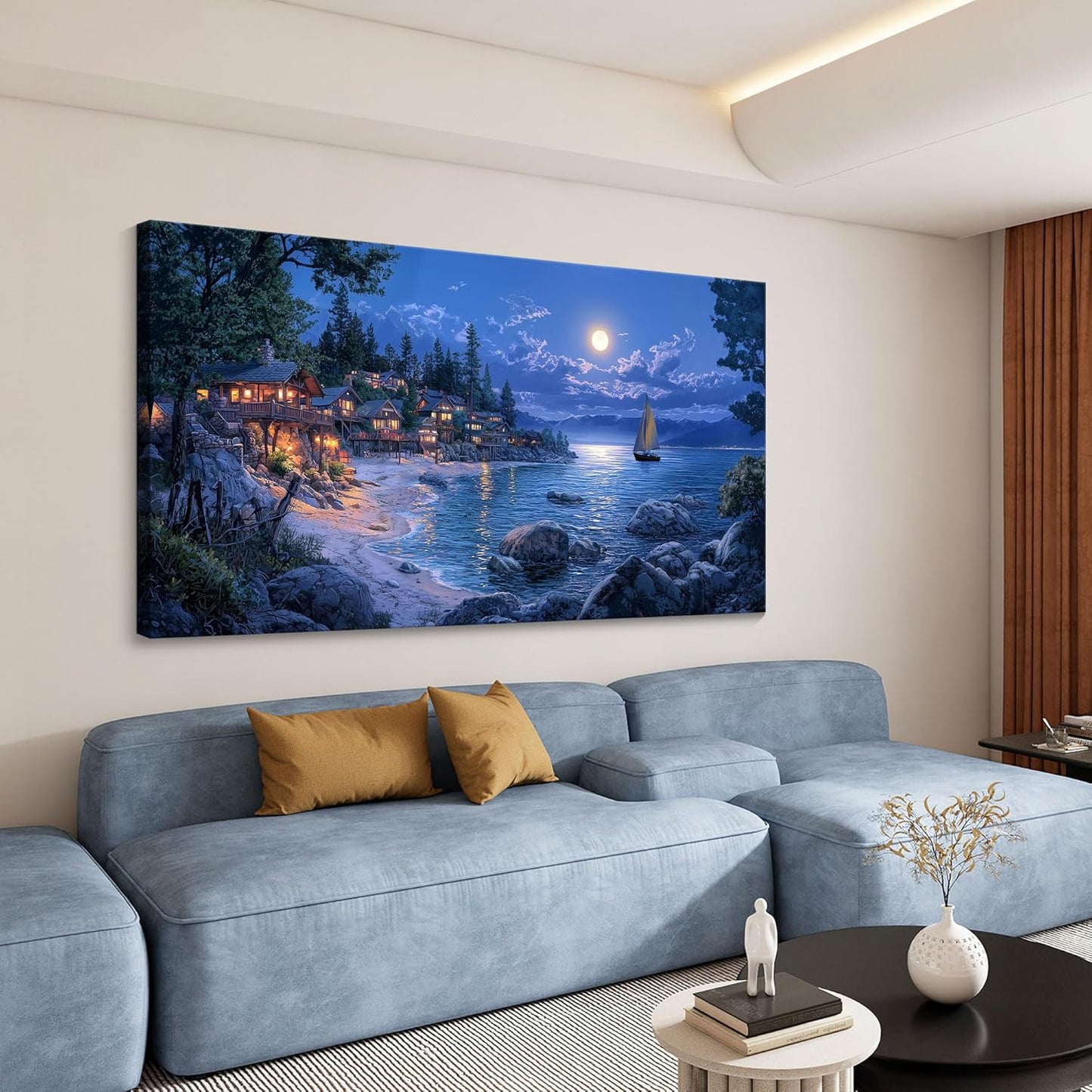 CHATYOUNG Bedroom Ocean Wall Art, Large Moon Night Sea View Canvas Wall Pictures Seashore Navy Blue Modern Artwork Wall Painting for Bedroom Living Room Kitchen Home Office Decor 29x58 IN