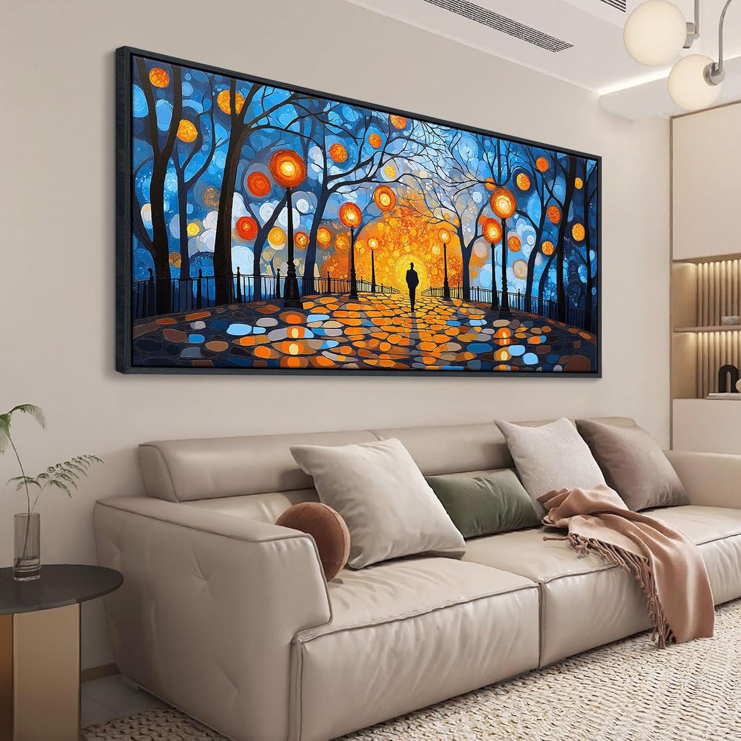 QZQCBLC Blue Wall Art Bedroom, Abstract Night Scene Street Lights Large Wall Pictures Orange Halo Trees Landscape Framed Canvas Paintings Artwork for Living room kitchen Home Office Decor 24x48 IN