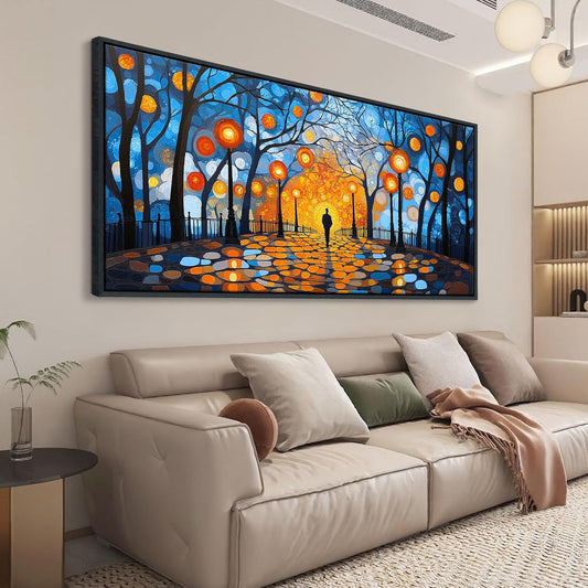 QZQCBLC Blue Wall Art Bedroom, Abstract Night Scene Street Lights Large Wall Pictures Orange Halo Trees Landscape Framed Canvas Paintings Artwork for Living room kitchen Home Office Decor 24x48 IN