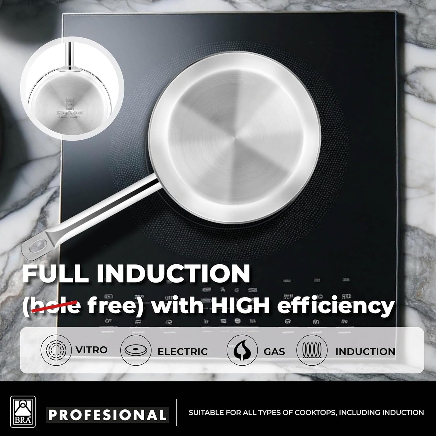 BRA COOKWARE Profesional Frying Pan | 9.5 inches Professional Skillet | Stainless Steel Pan w/o Non-Stick Coating | All Stovetop Compatible - Full Induction Skillet | 100% PFOA Free | Brushed Finish