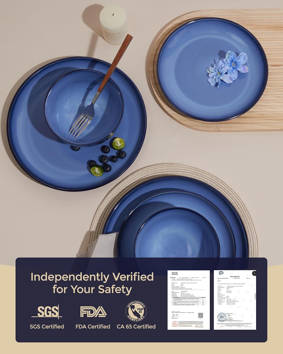 Blue Stoneware Dinnerware Set, 12 pcs Reactive Glaze Plates and Bowls Sets, Handmade Round Dishes Set for 4, Highly Chip and Crack Resistant Modern Plate Set