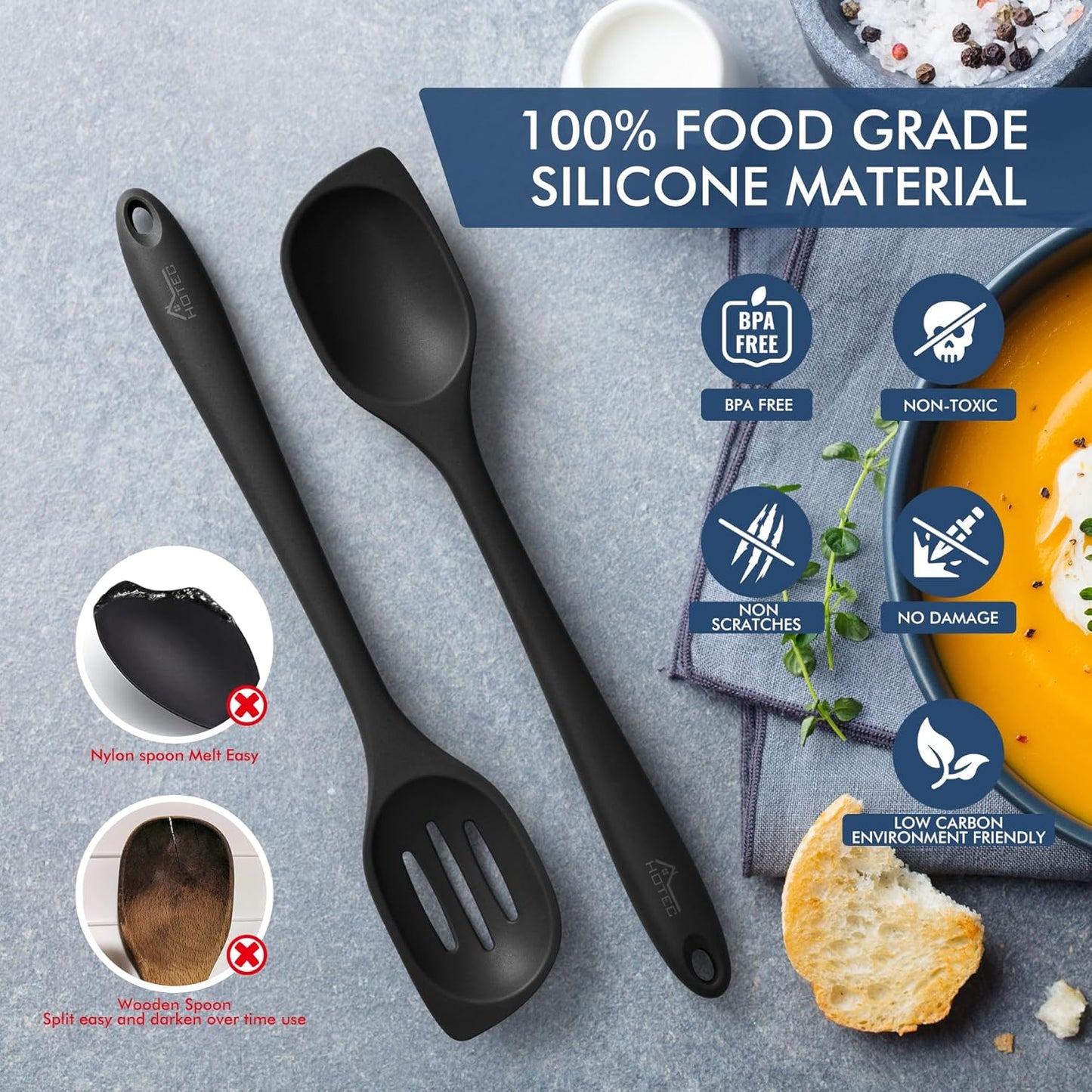 HOTEC Heat Resistant Silicone Cooking Spoon Spatula, Large Kitchen Solid and Slotted Spoons for Mixing, Serving, Scraping, Non-stick, Dishwasher Safe Black 12.5inch