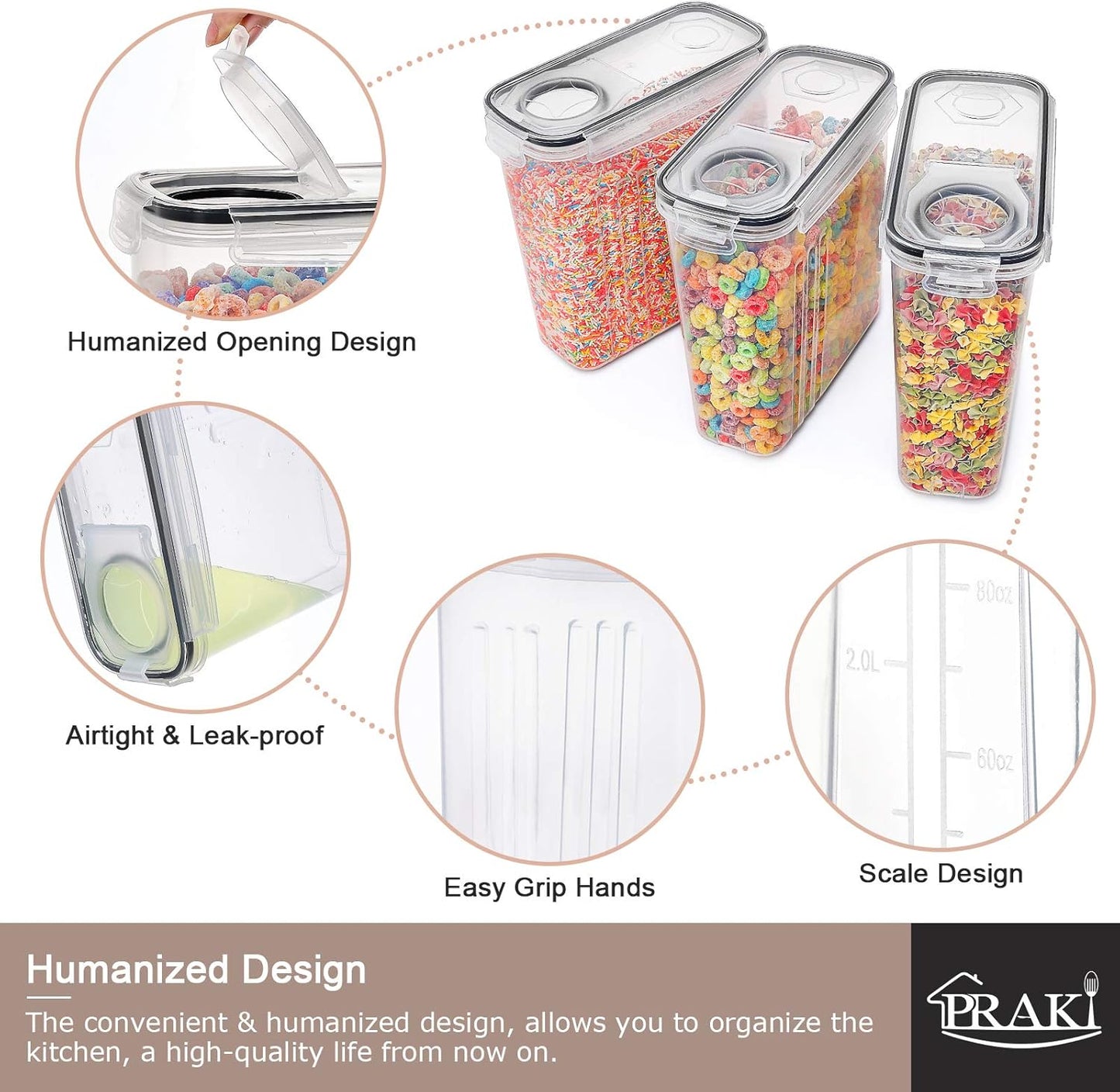 PRAKI 5PCS Cereal Containers Storage Set, BPA Free Airtight Food Storage Container Set with Lids, Kitchen Pantry Organization and Storage for Sugar, Baking Supplies with 20 Labels & Mark(4L Black)