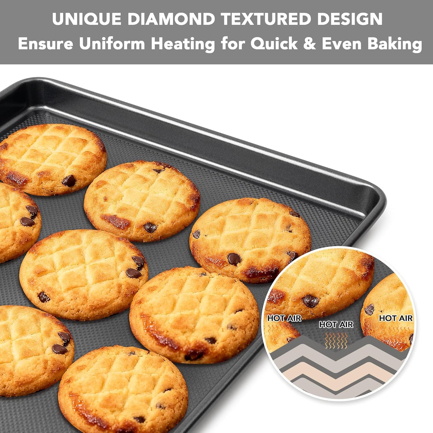 Tiawudi Baking Sheet Pan Set, 0.8mm Thick Heavy Duty Cookie Sheet with Diamond Texture Pattern, Nonstick Baking Tray for Oven, Carbon Steel Half, Jerry Roll Pan, Set of 3
