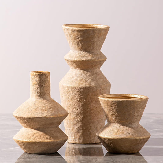 Ceramic Vase Home Table Decor - Gold Flower Vase Set of 3 Living Room Kitchen Decorations Farmhouse Modern Rustic Vases Decorative Centerpiece for Shelf Bedroom Office Bathroom Dining Coffee Desk