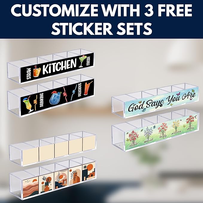 Acrylic Straw Holder for Cabinet Door or Countertop - Clear Organizer & Dispenser with 3 Sets of Decorative Stickers for Reusable Straws, Space-Saving Kitchen Storage, Pantry Organizer